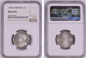Great Britain. Anne 1708 Shilling, NGC MS64PL (Prooflike). Sole PL example of the type at either service.