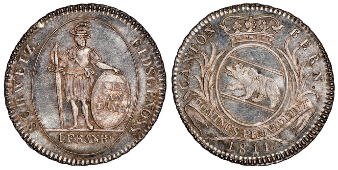 Swiss Cantons. Bern. 1811 Frank NGC MS66. Lovely semi-Prooflike surfaces.