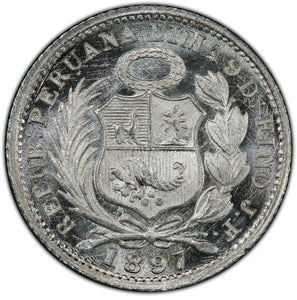 Peru. 1897-L JF 1/2 Dinero, PCGS MS68. Heavily polished dies.