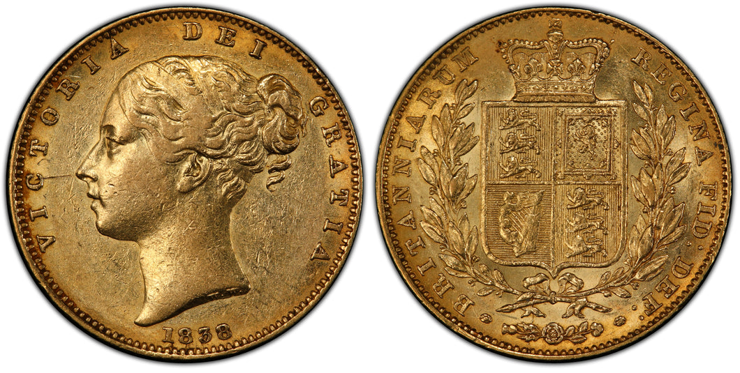 Great Britain. Victoria. 1838 gold Sovereign, PCGS AU55. Rare first date.