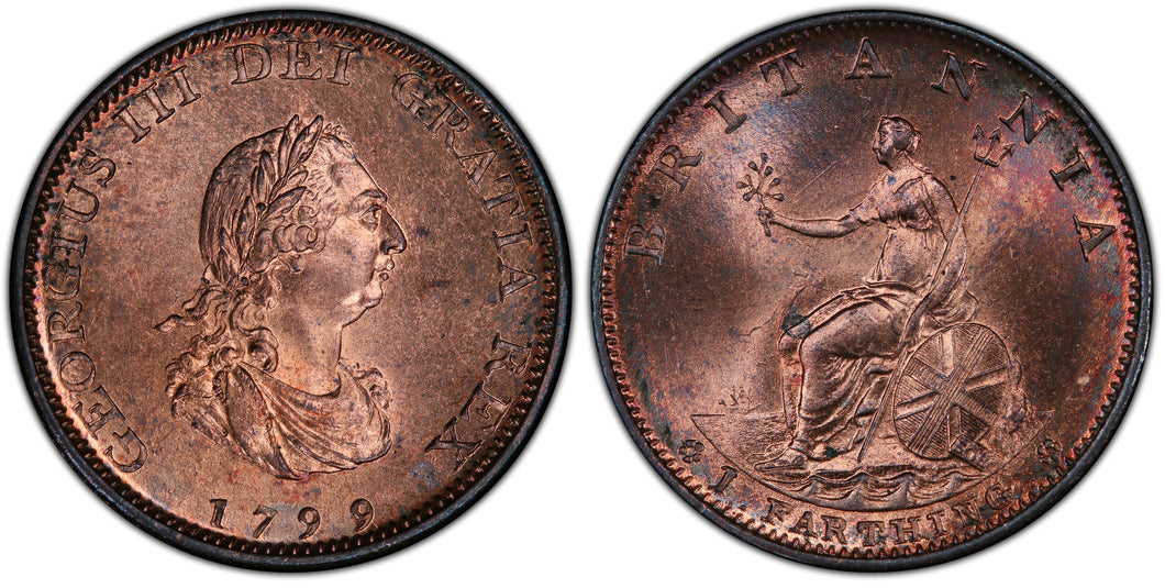 Great Britain. George III. 1799 Farthing, NGC MS65RB. Fully red obverse.
