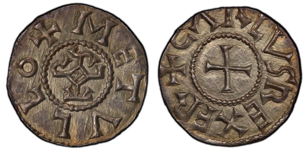 France. Carolingian Empire. Charlemagne (768-814) or Charles II, the Bald (840-877) silver Denier, PCGS MS63. Melle mint.