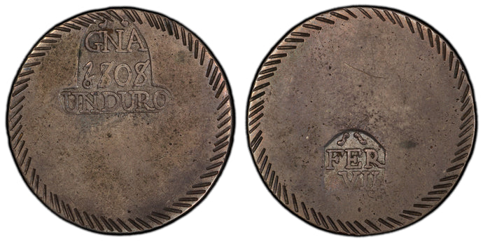 Spain; Gerona. 1808 Duro (5 Pesetas), PCGS AU50. Siege Coinage in Rare Condition.