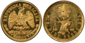 Mexico. 1889-Mo M 10 Pesos, PCGS MS61PL. Incredibly rare, only 88 minted.