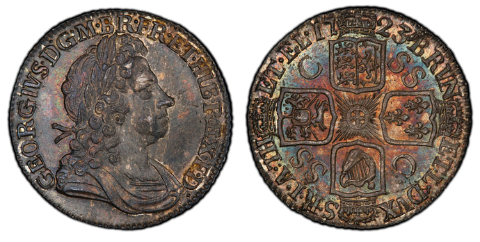Great Britain. George I. 1723 Shilling, PCGS MS62. Beautiful target-toned reverse.
