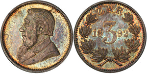 South Africa. 1892 Threepence, PCGS PR64. Original surfaces, extremely low mintage.