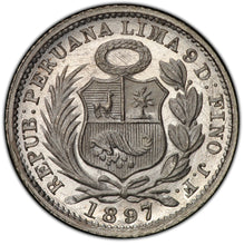 Load image into Gallery viewer, Peru. 1897-L JF 1/2 Dinero, PCGS MS68. Heavily polished dies.