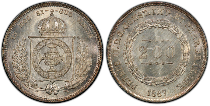 Brazil. 1867 200 Reis, PCGS MS67. Superb, finest graded.