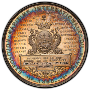 France. 1868 Le Havre Maritime Exhibition Medal, PCGS SP64. Fantastically toned.