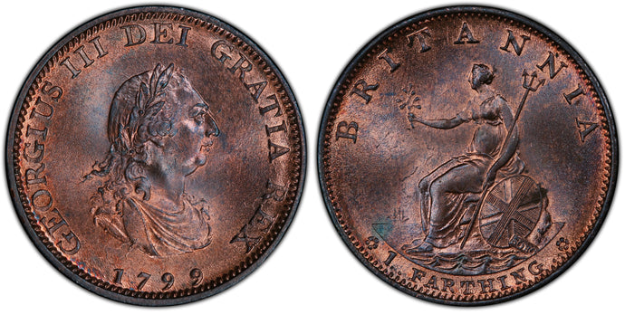 Great Britain. George III. 1799 Farthing, PCGS MS65RB.