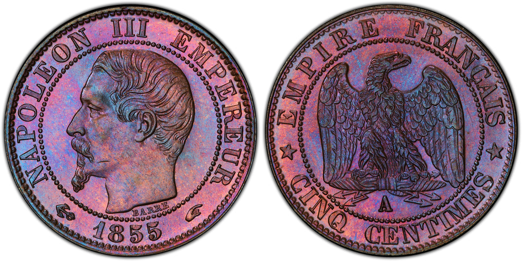 France. 1855-A 5 Centimes, PCGS MS65RB. Ancre. Prooflike obverse.